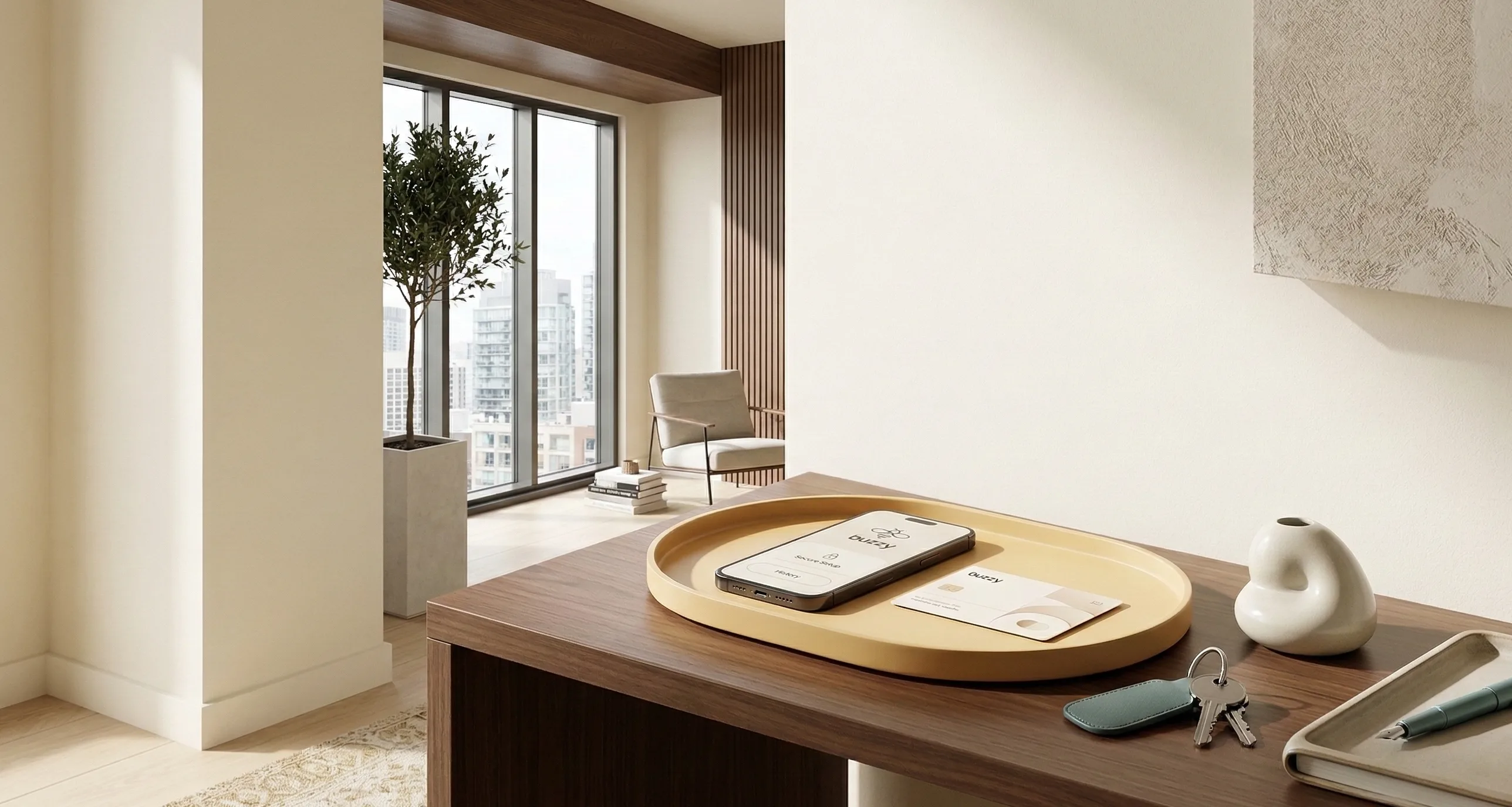 A modern Buzzy home vignette with phone, keys, and a subtle rent-history card